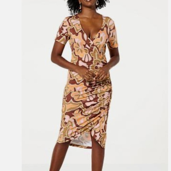 Colleen Lopez Dresses & Skirts - Colleen Lopez Brown Pink Orange V Neck Bodycon Surplice Ruch Waist Midi Dress XS